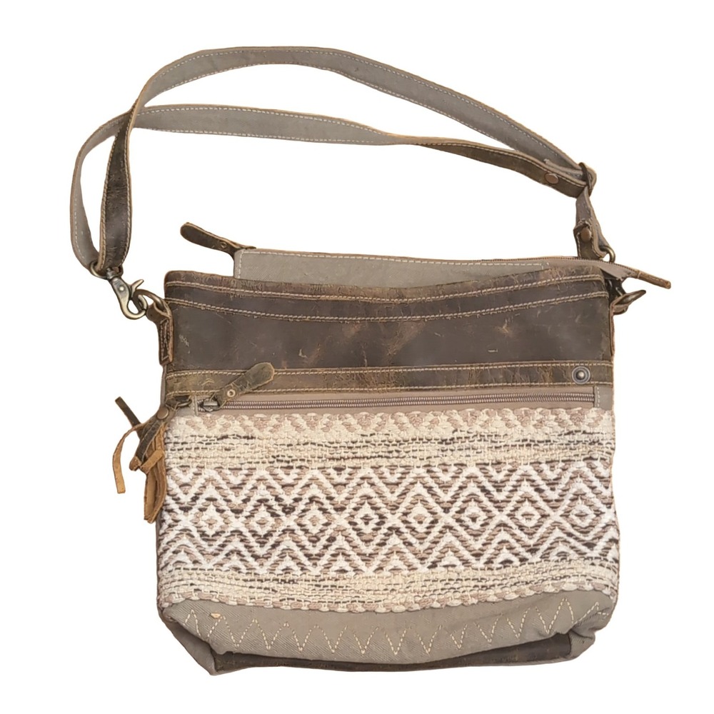Myra Bag Blending Taste Shoulder Crossbody Bag Brown Beige Canvas Leather